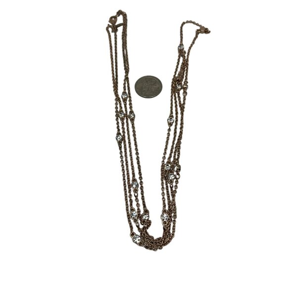 Express Necklace Long Rose Gold Tone Two Strand Rhinestone Stations - Picture 3 of 7